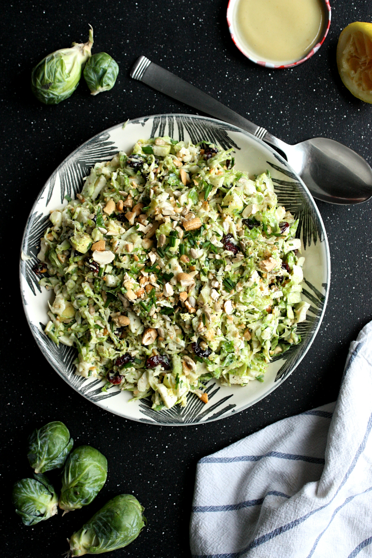 Brussel Sprout Slaw with Cranberries, Cashews and Apples