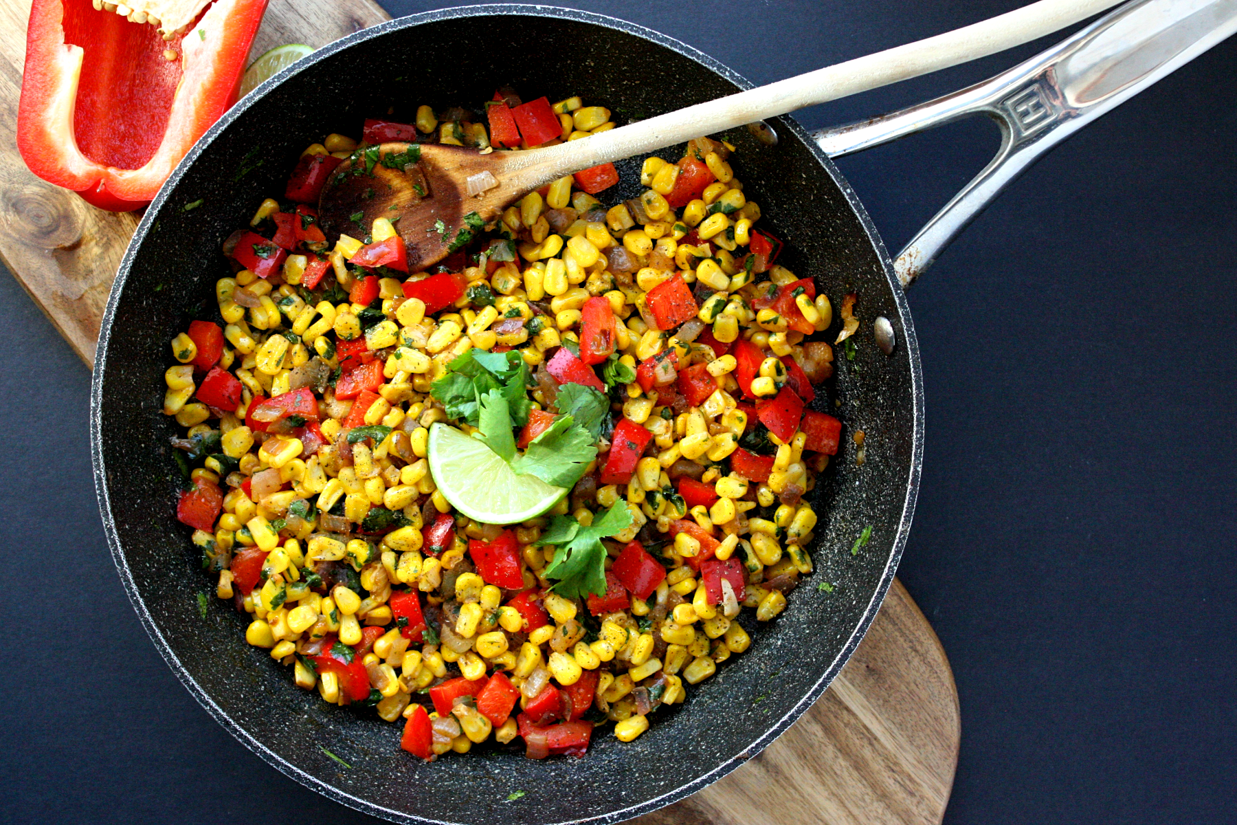 Sautéed sweet corn with red pepper and cilantro