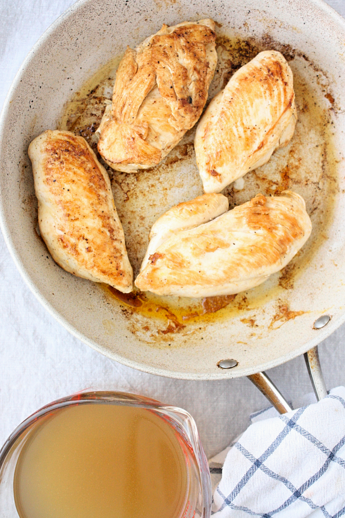 First step, browning the chicken breasts in the pan.