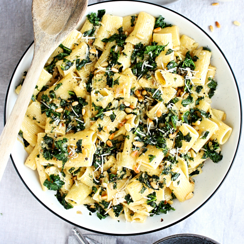Lemony Rigatoni Pasta with Kale and Shallots - Monday Sunday Kitchen