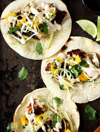 Easy Tilapia Fish Tacos with Mango Salsa and Slaw