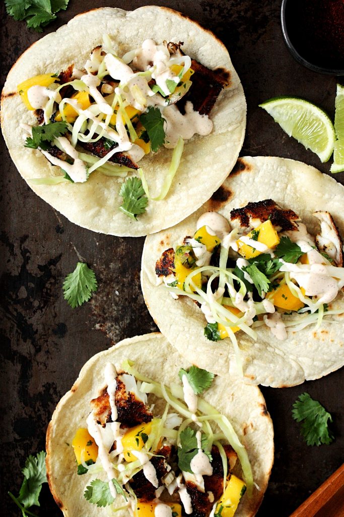 Easy Tilapia Fish Tacos with Mango Salsa and Slaw