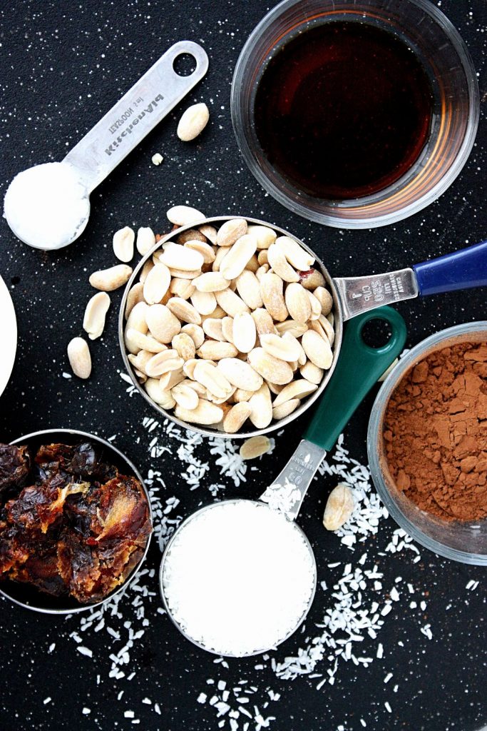 All the ingredients for the chocolate peanut energy bites.