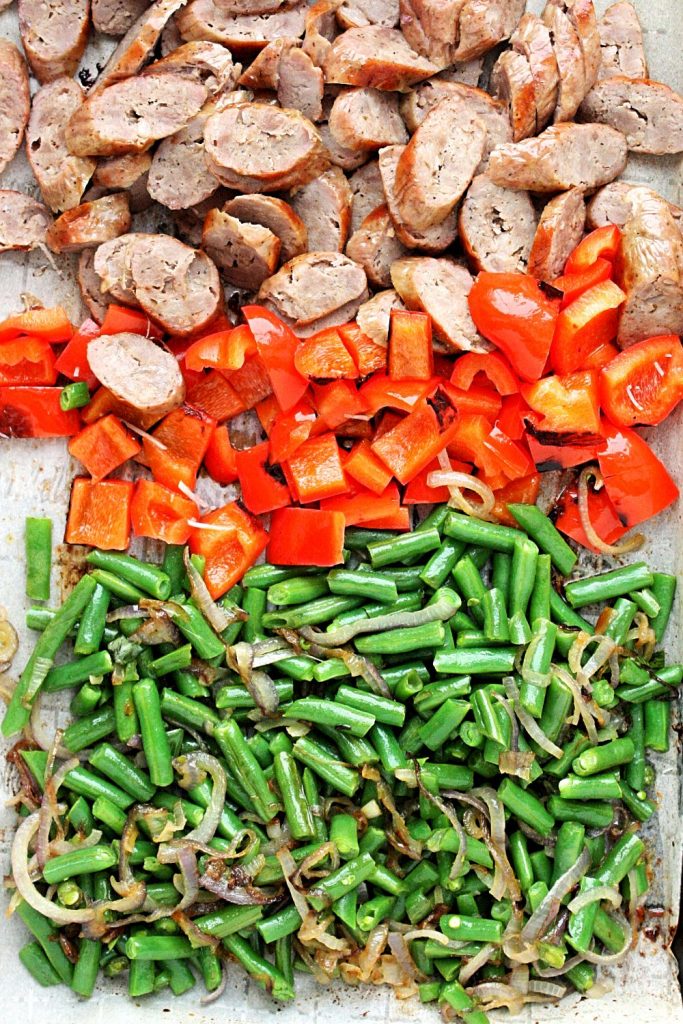 Grilled Italian sausages, red peppers, garden beans, and shallots.