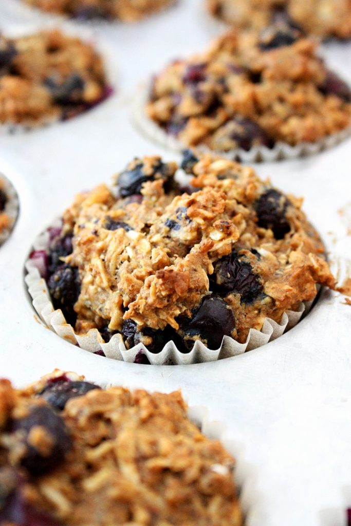 Close up of blueberry coconut muffins right out of the oven.