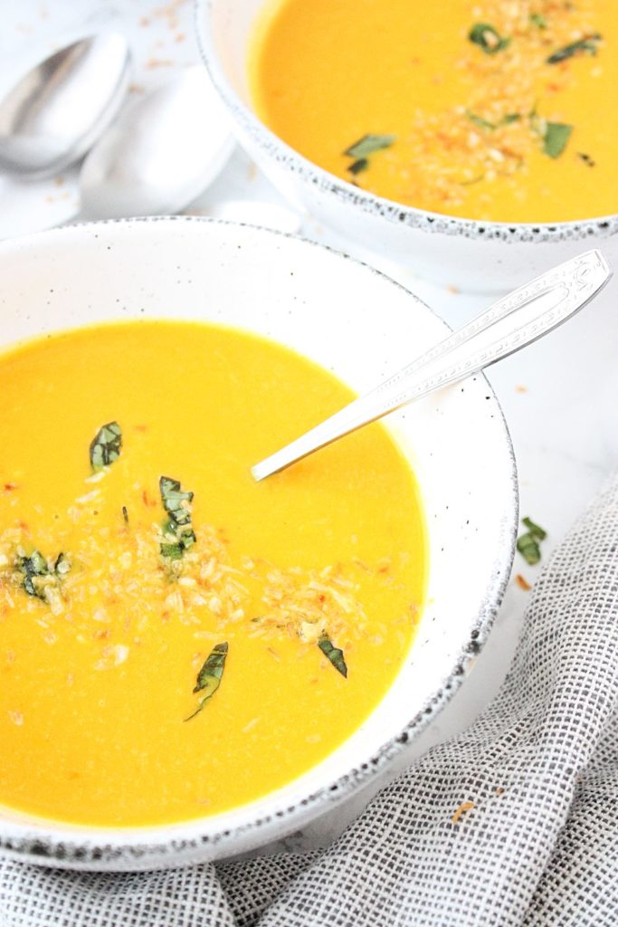 Close up of coconut and sweet potato soup.