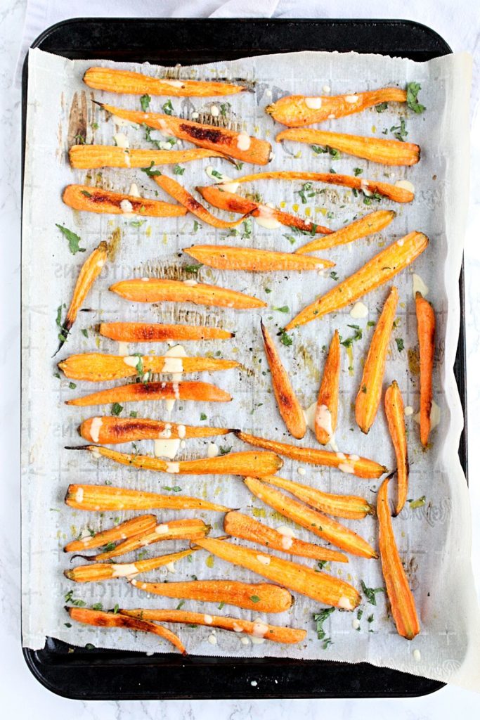 Roasted carrots tender and golden, just out of the oven.