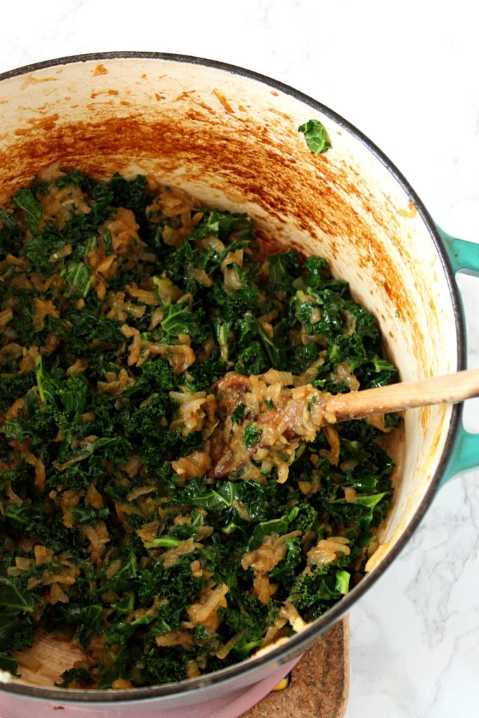 Caramelized Onions and Kale in a Pot for French Onion Soup