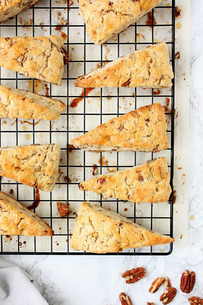 Maple pecan scones on a cooling rack