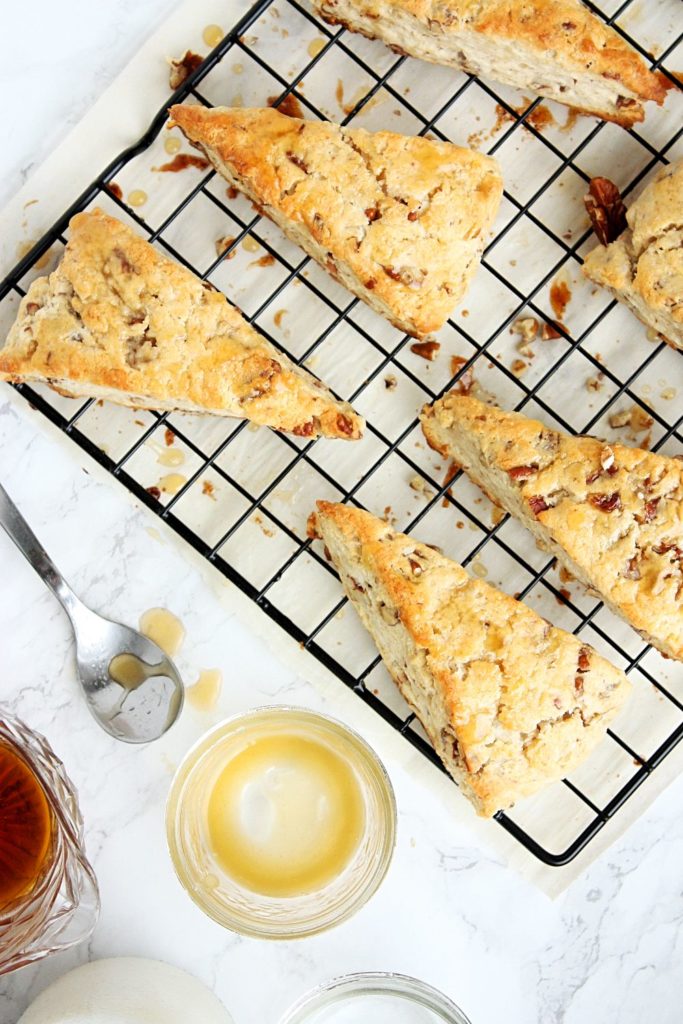 Maple pecan scones on a cooling rack