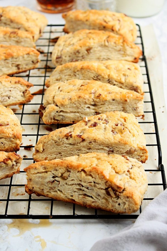 Maple pecan scones on a cooling rack