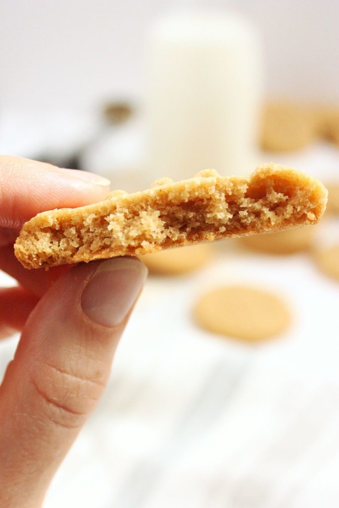 Close-up of a hand holding a chewy peanut butter cookie.