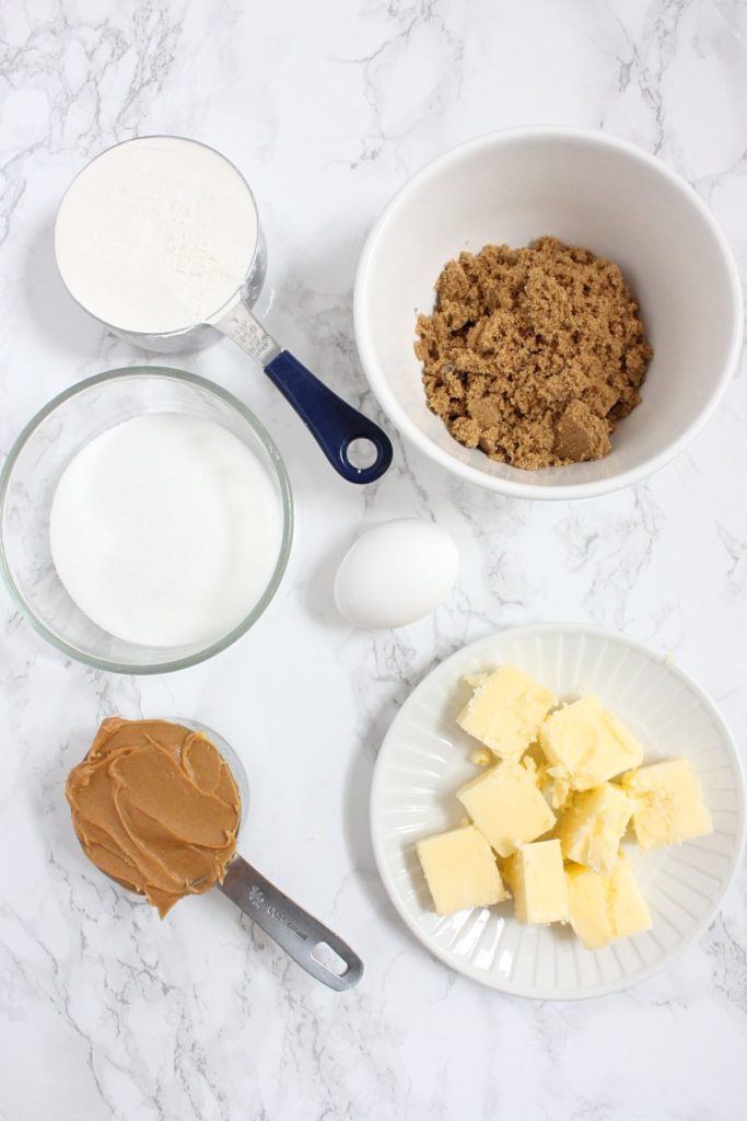 Cookies ingredients: softened butter, peanut butter, brown sugar, sugar, all-purpose flour, and an egg.