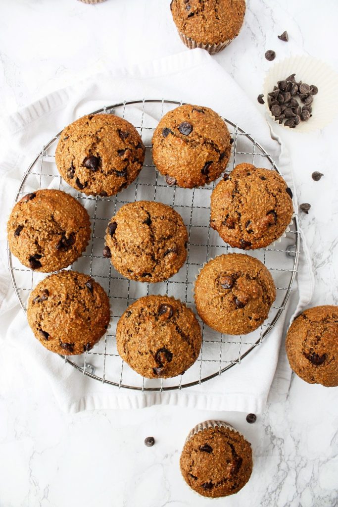 Chocolate Chip Bran Muffins on a baking rack.