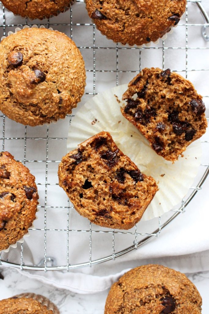 Chocolate Chip Bran Muffins on a baking rack.