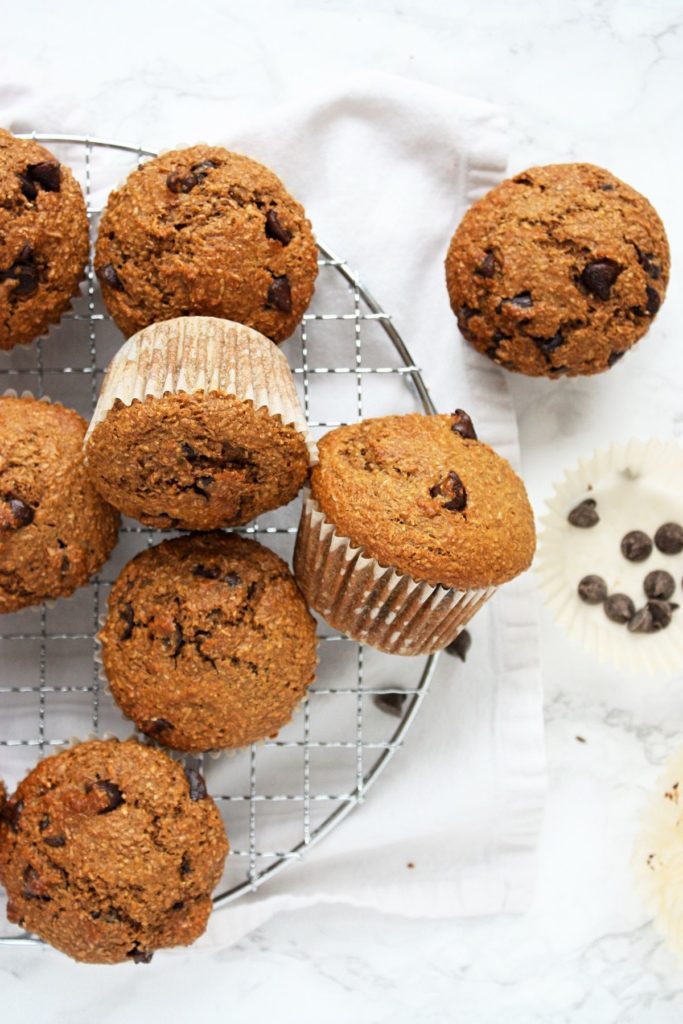 Chocolate Chip Bran Muffins on a baking rack.